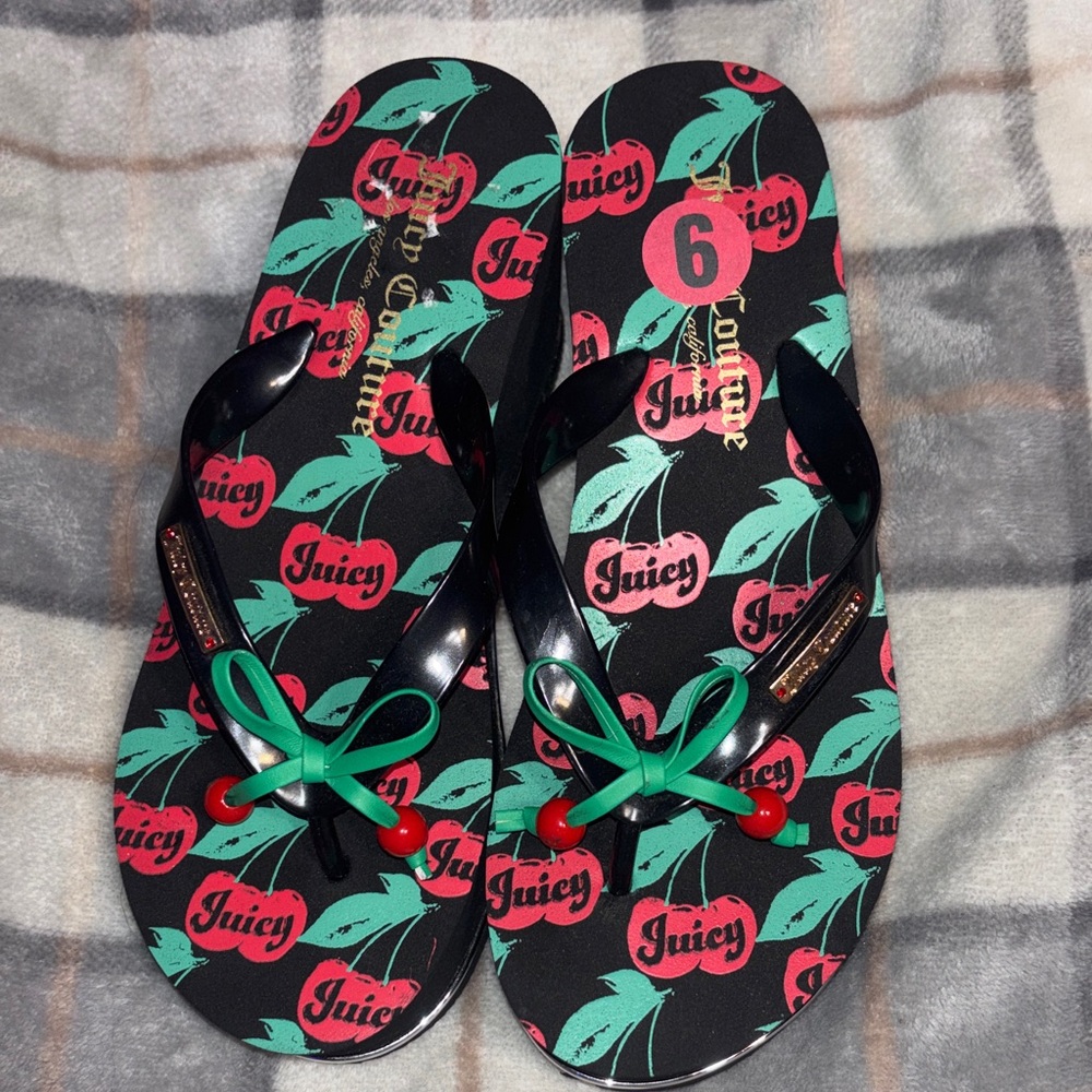Juicy Couture Black Flip Flops with Cherry Print